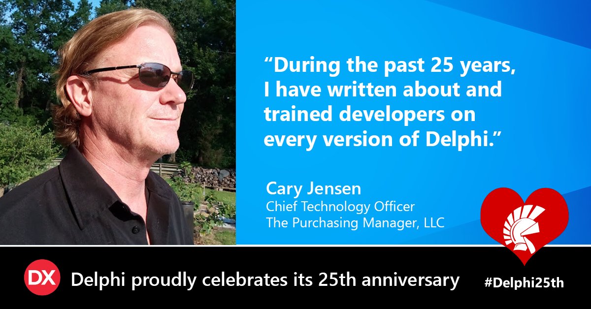 EmbarcaderoTech's tweet image. &quot;During the past 25 years, I have written about and trained developers on every version of Delphi.&quot; Cary Jensen, Chief Technology Officer, The Purchasing Manager, LLC #Delphi25th

Share your Delphi story below using the hashtag #MyDelphiStory!