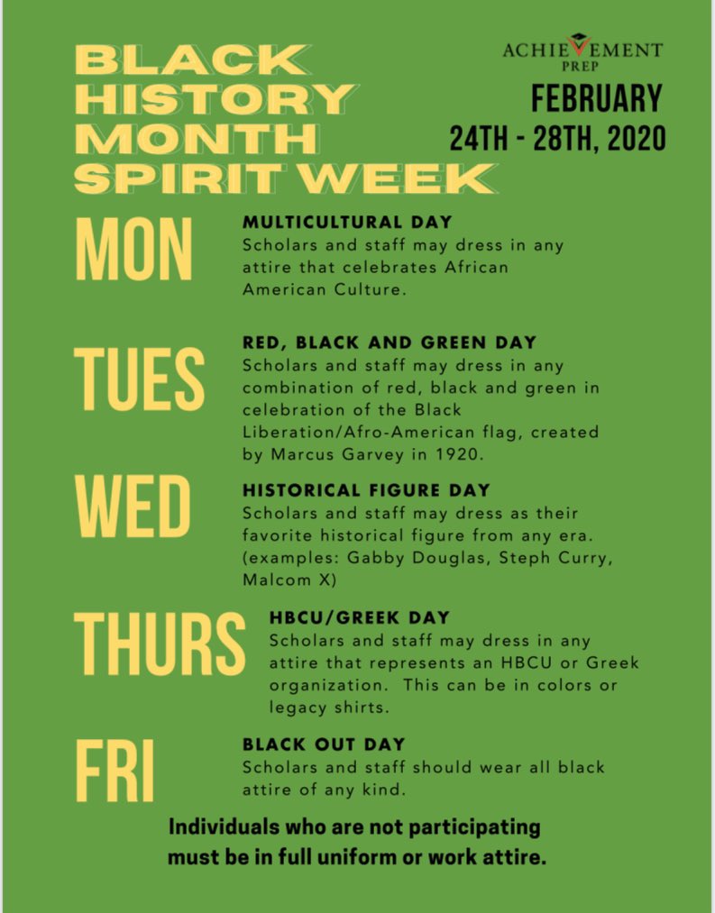 AchievementPrep's tweet photo. #HeyAPrepCommunity—
 It’s Spirit Week - #BlackHistoryMonth Edition! Join us in celebration of the rich history and culture African American and black people! We are looking forward to seeing your spirit this week! #APrepSpiritWeek #itsAPrepThing #bhm2020 #DCCharterProud https://t.co/9uOOH4dygp