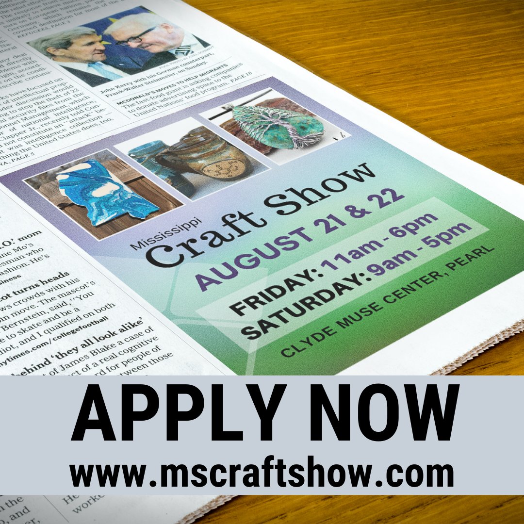 APPLICATIONS NOW OPEN! ALL HANDMADE ONLY!
The 9th annual Mississippi Craft Show will be held on Friday August 21 and Saturday August 22, 2020. For details and to Apply visit mscraftshow.com