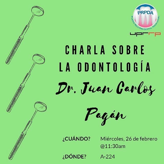 prpda_uprrp's tweet photo. ¡Los invitamos a una charla con el dentista generalista Dr. Juan Carlos Pagán este miércoles 26 de febrero! Veremos temas sobre el proceso que toma en convertirse dentista generalista, lenguaje del día día en una práctica dental, cómo interpretar placas … https://t.co/EPbun0L8W1 https://t.co/JJFV871xn9