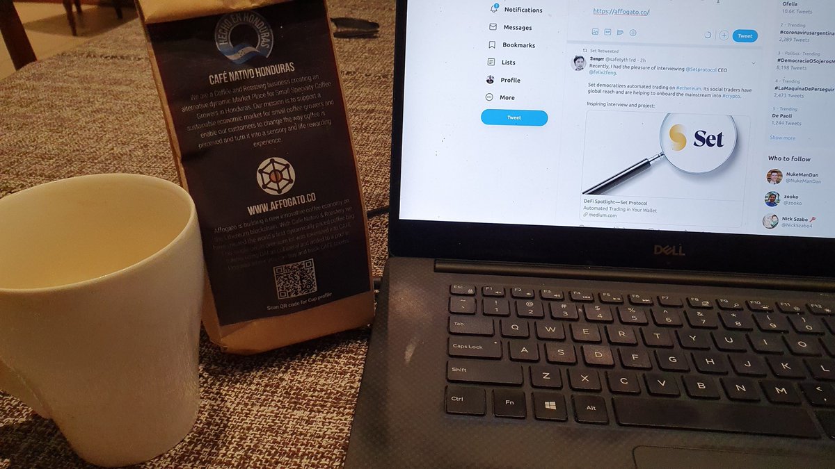 I'm a mate 🧉 drinker but <a href="/evan_van_ness/">Evan Van Ness 🧉</a> got me a bag of coffee from <a href="/affogatoco/">Affogato.eth</a> and it's delicious

"This single-origin premium lot from producer Oscar Daniel Rámirez was tokenized into CAFE tokens using DAI as collateral and added to a pool in Uniswap."

affogato.co