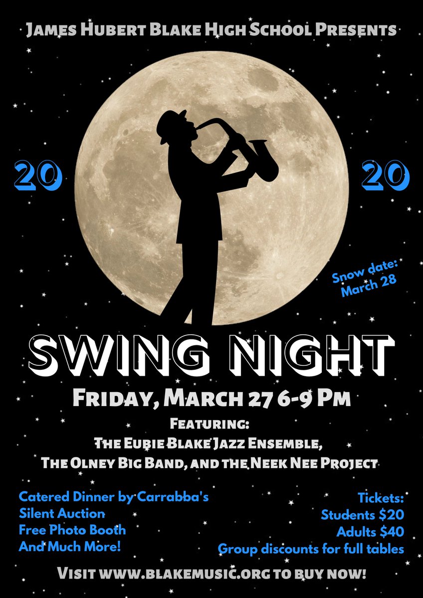 The 2020 edition of Blake Swing Night will be held on Friday, March 27 in the cafeteria at Blake High School (with a snow date of March 28)! 

You can buy your tickets now and find out more information at blakemusic.org