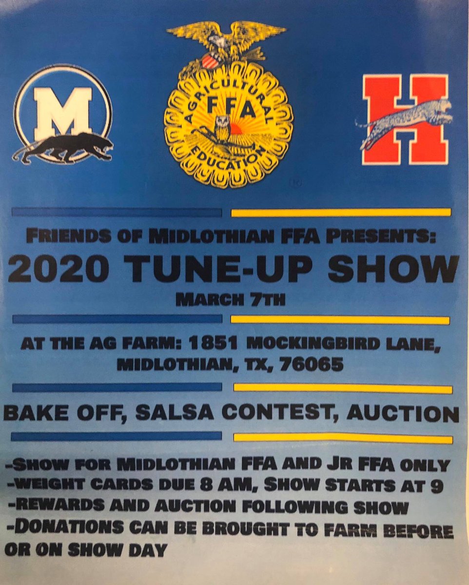 Mark your calendars for the Midlothian FFA Tune-Up Show! #misdproud  <a href="/MidloHeritage/">Heritage HS</a> <a href="/MidlothianISD/">Midlothian ISD</a> <a href="/MHSPanthers/">Midlothian High School</a> <a href="/FSMSCubs/">Frank Seale M.S.</a> <a href="/WGMSWildcats/">Walnut Grove M.S.</a>