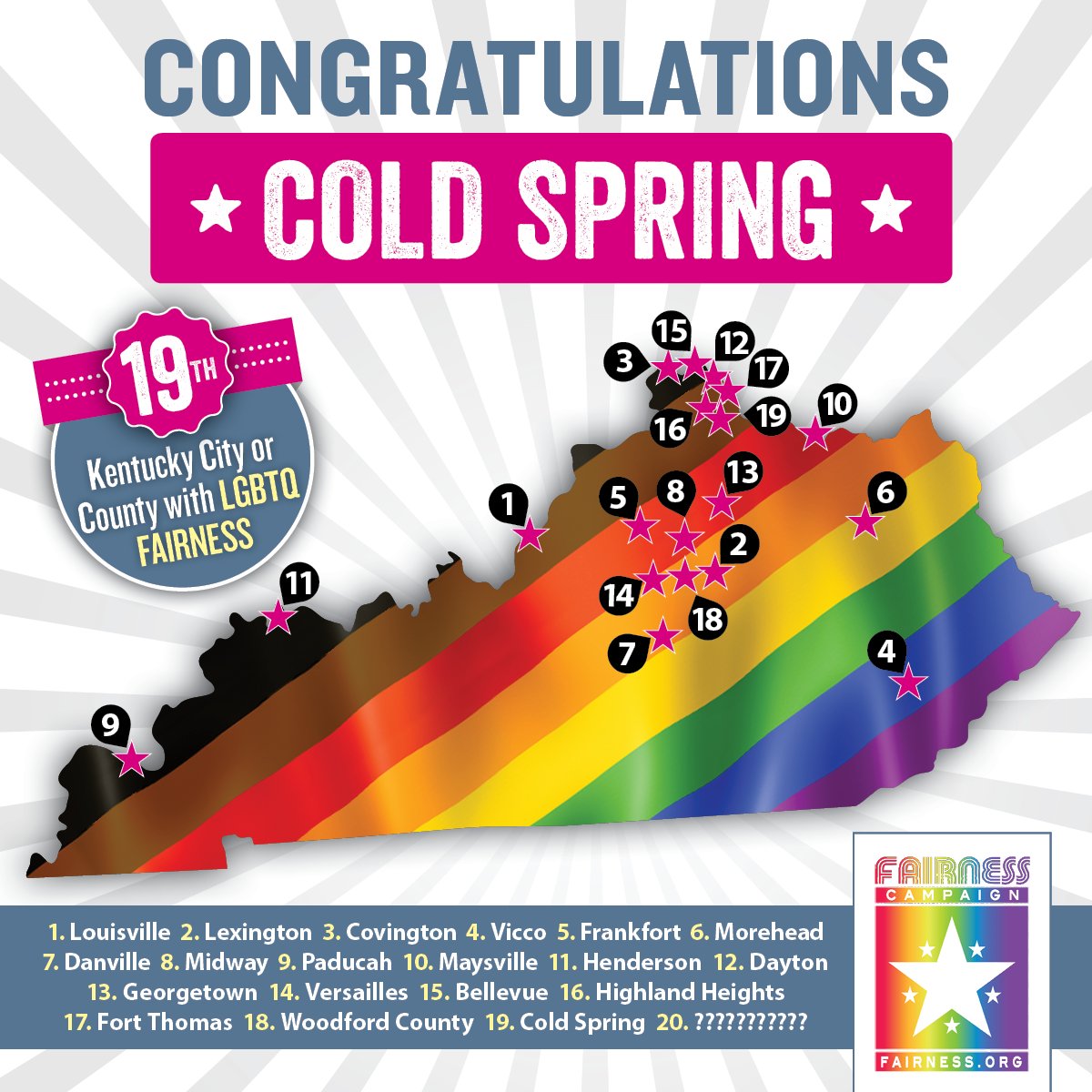 FairnessCamp's tweet image. #BREAKING: City of #ColdSpringKY becomes municipality #19 with #LGBTQ #KYFairness on a 4-1 vote tonight!