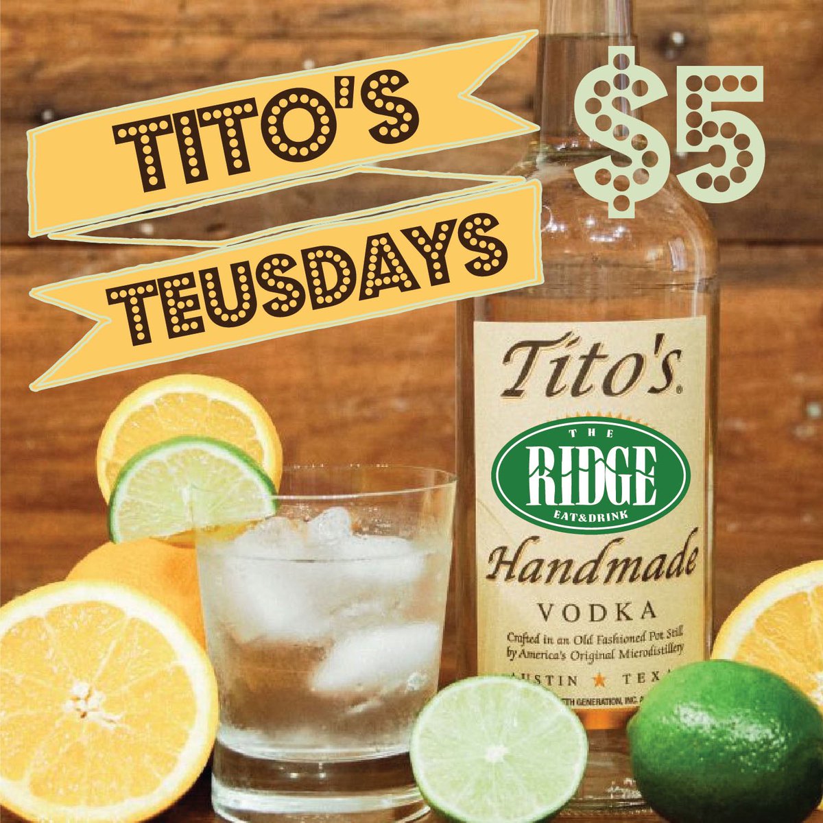 TheRidgeEat's tweet photo. Join us tomorrow as we kick off @TitosVodka Tuesday for $5! Come thirsty, leave happy😉 #thebarupstairs @Foodandfoam @now_bham #titostuesday #bhambar #bhamdrinks https://t.co/xnUiqJUdwE