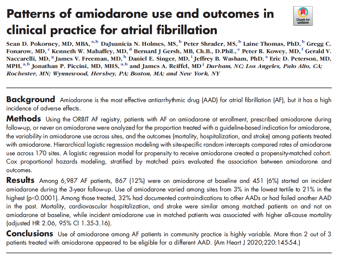 AmericanHeartJ's tweet photo. Patterns of amiodarone use and outcomes in clinical practice for atrial fibrillation. https://t.co/hsIVoTKa2G https://t.co/D709Wxtvaa