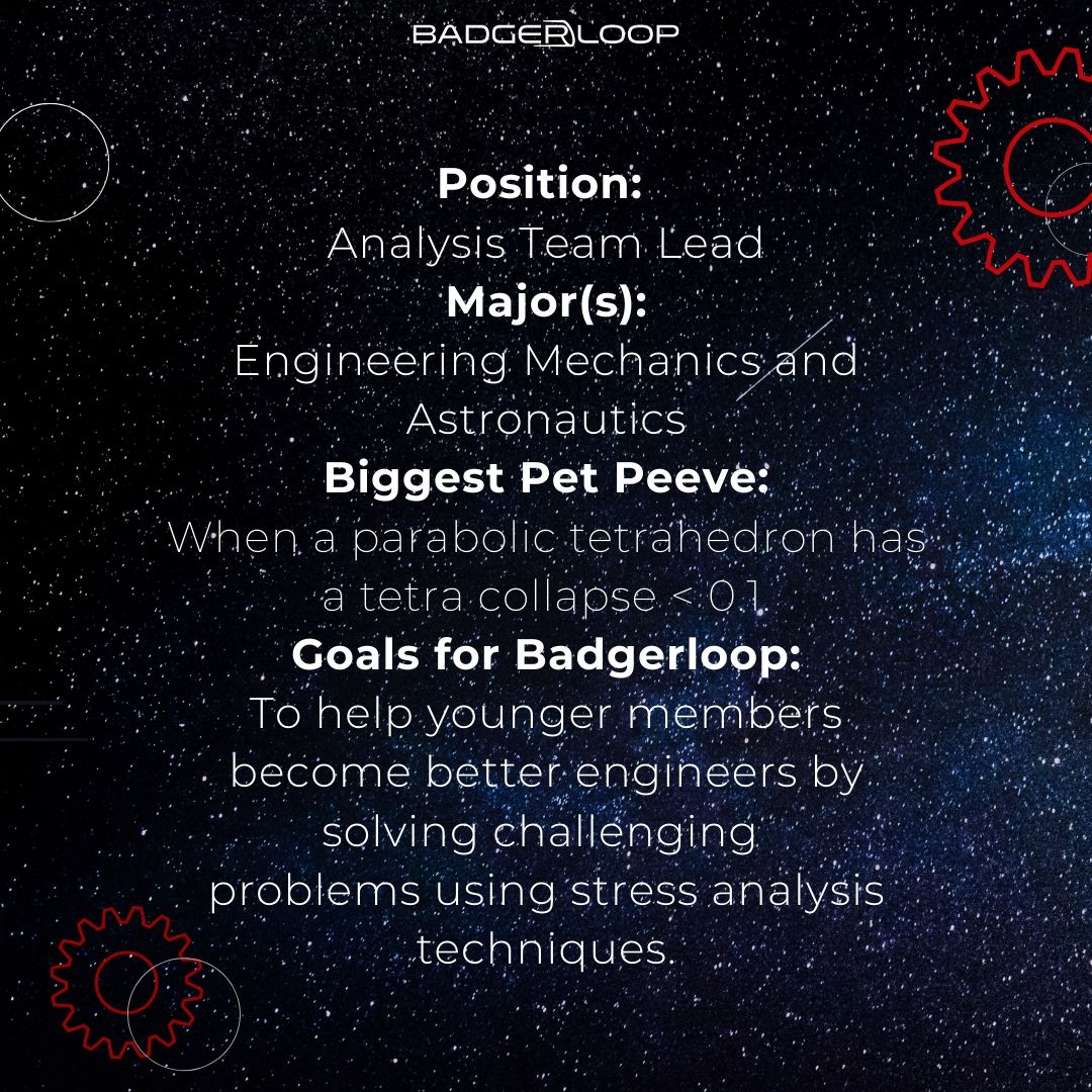 uwsolarracing's tweet photo. Meet Zach, the analysis team lead. The analysis team prevents potential breaks in various pod parts by using stress analysis techniques. Their work is imperative to ensure our pod's safety and reliability. Thanks, Zach! #Badgerloop #meetTheTeamMonday https://t.co/F8zeSwaCDU