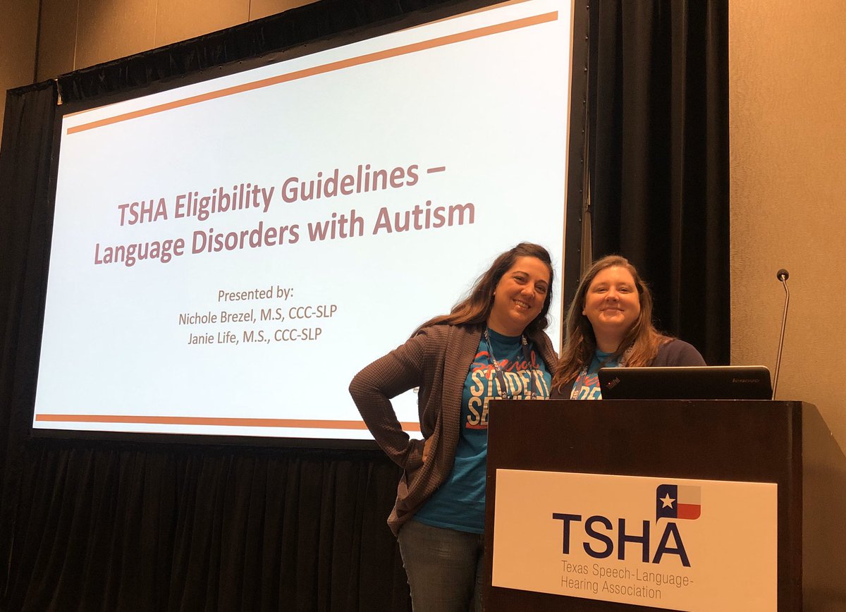 NBrezelSLP's tweet photo. On Saturday @JlifeSlp and I unveiled the new SI Disability Determination Guidelines for Language Disorders with Autism to a room full of people at #TSHA2020. Thanks for all the hard work @haustriwindo, @MandyStatonSLP, @JNegronSLP, and Laura Bray! I hope we represented you well! https://t.co/vLDhGQFczp
