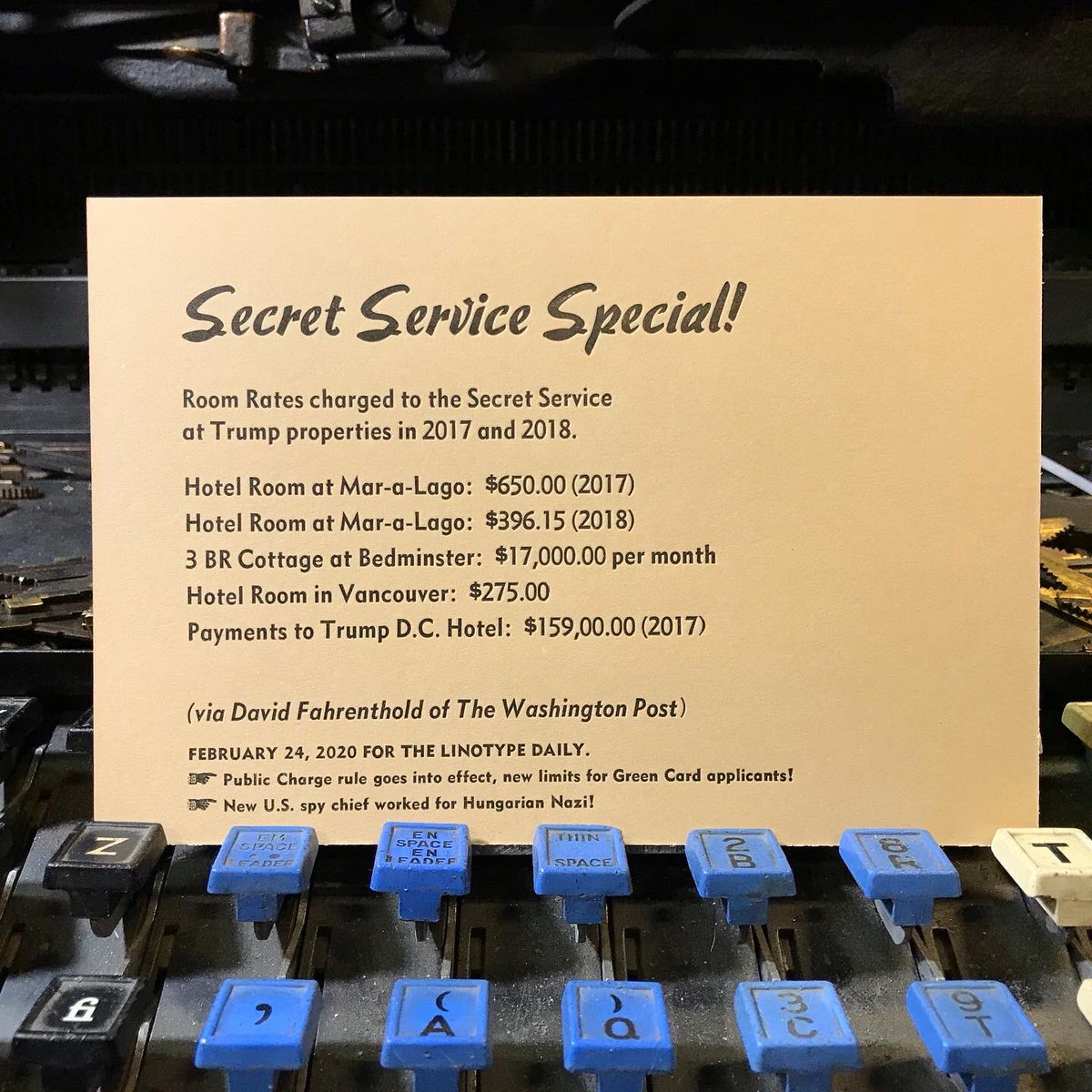 TLinotypist's tweet photo. So tired of all of this winning... (Hashtag self-dealing?) #Linotype #letterpress #corruption #maralago #tripadvisor #selfdealing #publiccharge #dwiggins Cast in 8pt Metroblack and 22pt Metromedium with Italic https://t.co/d0ihRC5zxK