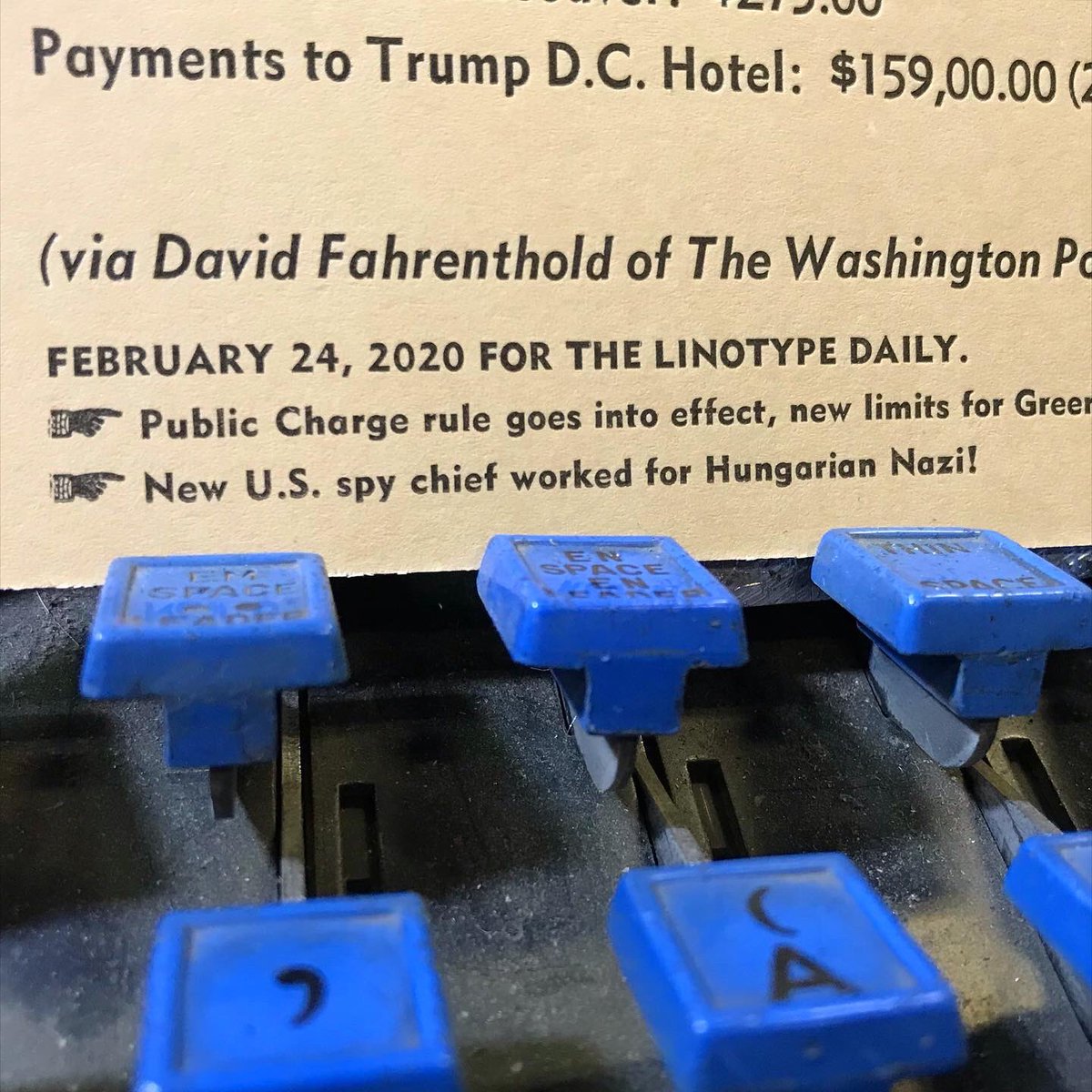 TLinotypist's tweet photo. So tired of all of this winning... (Hashtag self-dealing?) #Linotype #letterpress #corruption #maralago #tripadvisor #selfdealing #publiccharge #dwiggins Cast in 8pt Metroblack and 22pt Metromedium with Italic https://t.co/d0ihRC5zxK