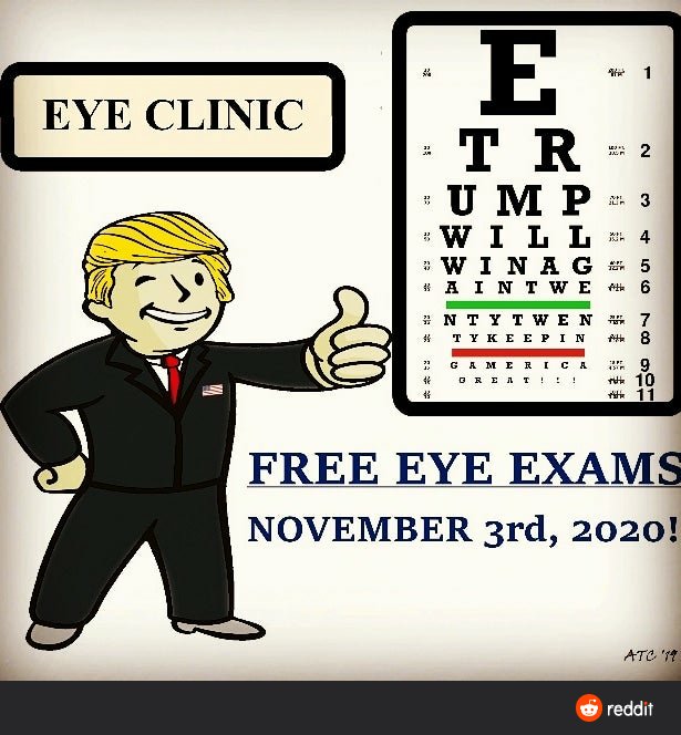SeeingTrump2020's tweet photo. @Alt1J @realDonaldTrump Seeing 20/20 in 2020? 

https://t.co/2jvuw7Rurq

#WalkAway #TrumpEyeExam #Trump2020  #Trump2020Landslide  #ProTrump https://t.co/oW6Yda1DPM