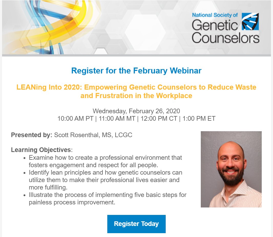 All my #geneticcounselor peeps. Consider registering for the member webinar this coming Wednesday. I'll be facilitating, and I'm already super impressed with what Scott has shared about how to apply #LEAN principles to any gc workflow. #GCchat