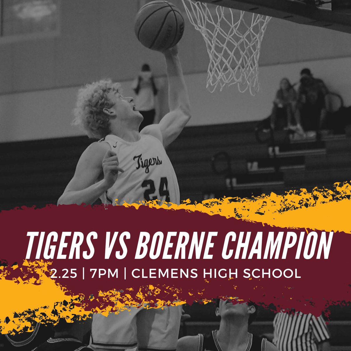 🚨CALLING ALL OF TIGER NATION🚨
We need you tomorrow night at Clemens High School (1001 Elbel Road, Schertz, TX) <a href="/7pm/">Huong Le</a>, as we face Boerne Champion in Round 1 of Playoffs! Come loud! Be proud! <a href="/DSHoops/">DS Hoops</a> <a href="/FanstandATX/">FanstandATX powered by VYPE</a> <a href="/Tommygun022/">Thomas Acker</a> <a href="/CoachGZimmerman/">Galen Zimmerman</a> <a href="/hoopinsider/">Hoopinsider</a>