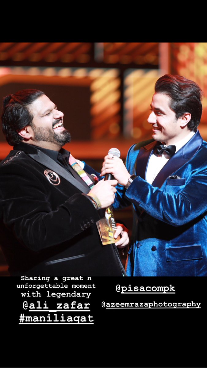 maniliaqat's tweet photo. Sharing the memorable funny moment with legend @AliZafarsays #pisaawards2020 in #dubai #maniliaqat #AliZafar #host #comedian #actor #standupcomedy #lovml https://t.co/PEbj5jX3fJ