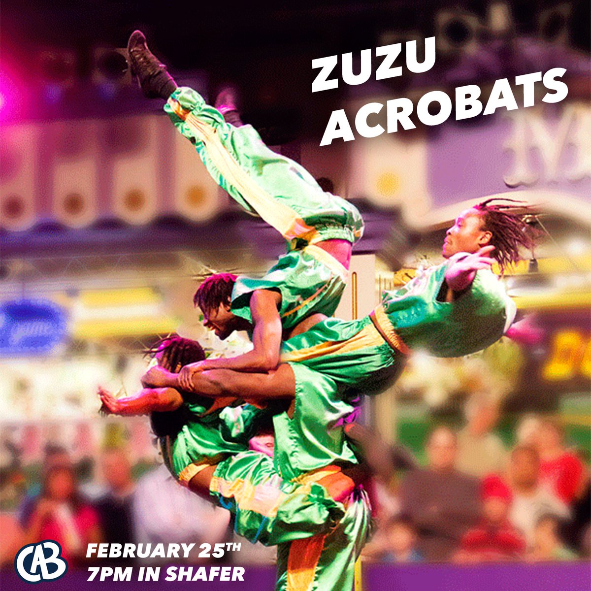 Hey ECSU! Celebrate an exciting Black History Month with CAB and the ZuZu Acrobats! Come enjoy this high energy, show-stopping, acrobatic group from Mombassa Kenya on Feb 25th! Doors open at 6:45PM and show starts at 7PM! See you there!