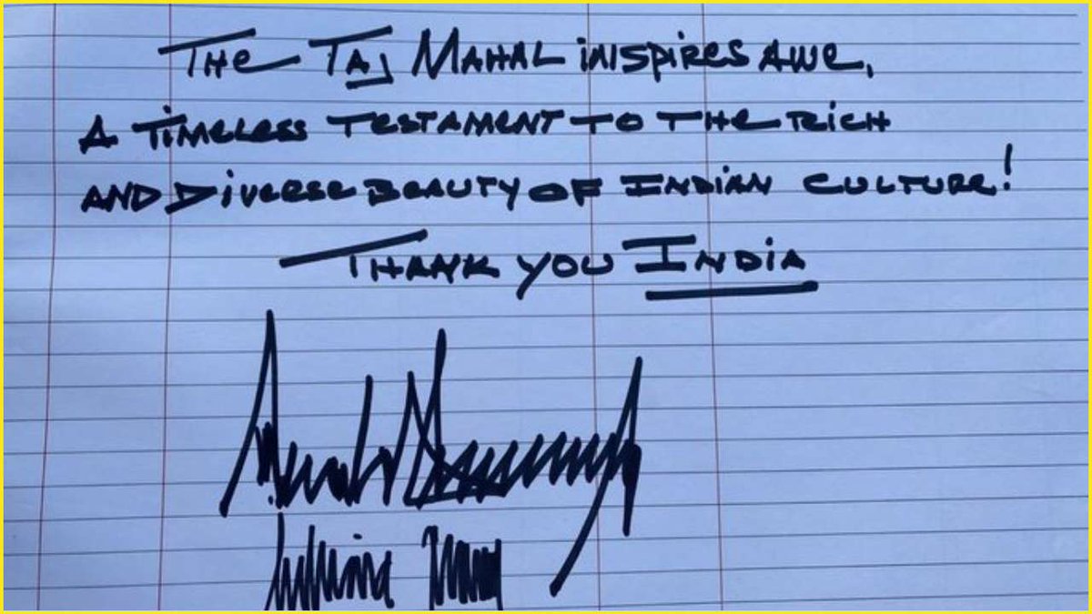 sonsinhrajput's tweet photo. @Nidhi While observing this note by President Donald Trump during his visit to Sabarmati Ashram and Taj Mahal , I have observed that the note is in capitals but why did he write "I" and "e" in a small letter. https://t.co/jLKDcxP3KY