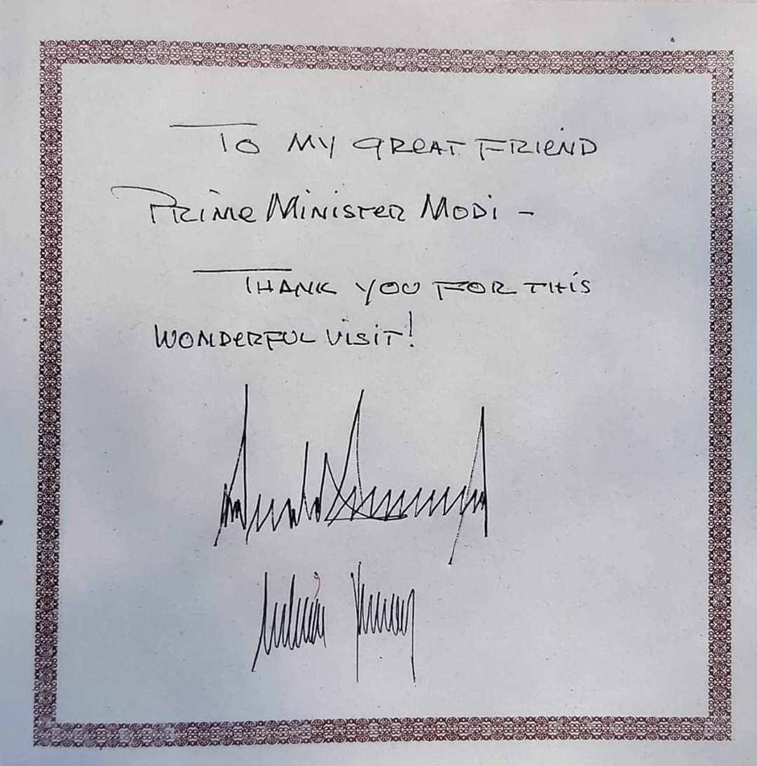 sonsinhrajput's tweet photo. @ShashiTharoor While observing this note by President Donald Trump during his visit to Sabarmati Ashram and Taj Mahal , I have observed that the note is in capitals but why did he write "I" and "e" in a small letter. https://t.co/fQKdE9Sq9d