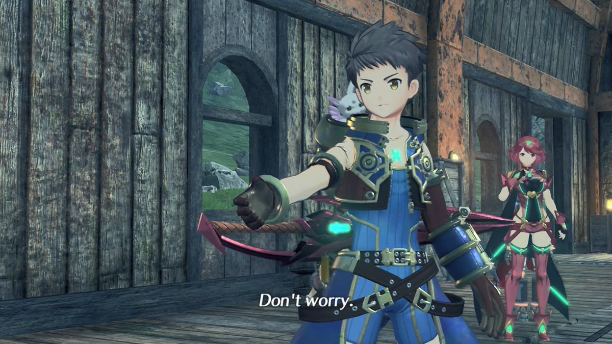 Rex introduces himself to the kid who stole roc's core crystal, in the jp dub he's saying "It's Rex.". Although for some reason they have him say "Don't worry" in english and then he tacks on his introduction in the very next scene instead it's all so weird.  #Xenoblade2