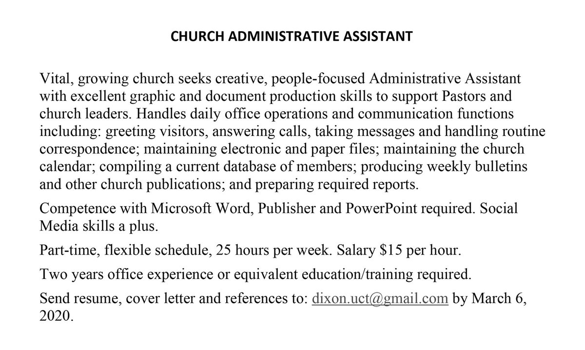 UnitedChurchTLH's tweet photo. The #UnitedChurchinTallahassee is looking to fill our part-time administrative assistant position! UCT is an inclusive space where all are welcome. Please share with friends and anyone you think may be interested—closes March 6. https://t.co/MjkO5Y0KQw