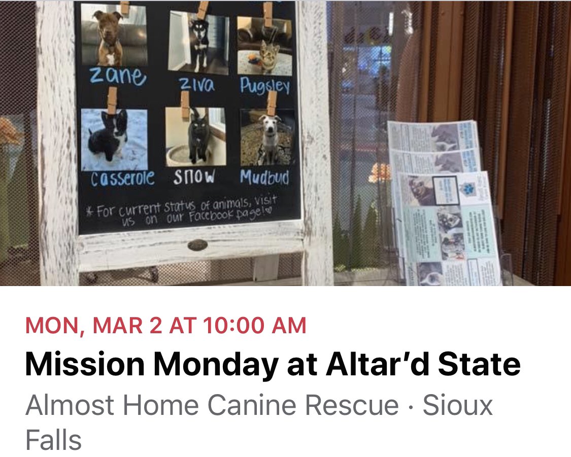AlmostHomeSD's tweet photo. Don’t forget to stop by Alter’d state in the Empire Mall every Monday until April 13th, 10% of the proceeds will be donated to AHCR! 

Check out our events on Facebook for all our upcoming events! 

Stop by to visit us, or check out our display! Store hours 4 Mondays 10AM - 9PM https://t.co/Fm9vaNEcON