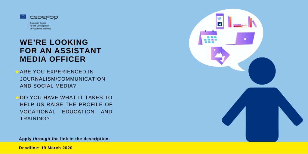 Cedefop's tweet photo. 📢🆕 This may be for you! Cedefop is looking of an Assistant Media Officer. Check out the vacancy notice and apply by 19 March @ 12.00 Greek time ➡️
https://t.co/IbTyMXoloQ
#journalist #journalismjobs #communications #EUagencies #mediaofficer https://t.co/mv4tyoZgNs