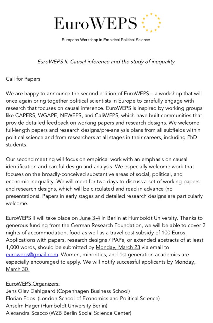 Anselm Hager (@anselmhager) on Twitter photo Come join us for EuroWEPS II. We will meet in Berlin on June 3 - 4 at <a href="/HumboldtUni/">Humboldt-Universität zu Berlin</a>. Accommodation, food and a travel (subsidy) are covered. Submit your cutting-edge empirical political science paper by March 23.
Full call here: bit.ly/3c0ncsh Come join us for EuroWEPS II. We will meet in Berlin on June 3 - 4 at <a href="/HumboldtUni/">Humboldt-Universität zu Berlin</a>. Accommodation, food and a travel (subsidy) are covered. Submit your cutting-edge empirical political science paper by March 23.
Full call here: bit.ly/3c0ncsh
