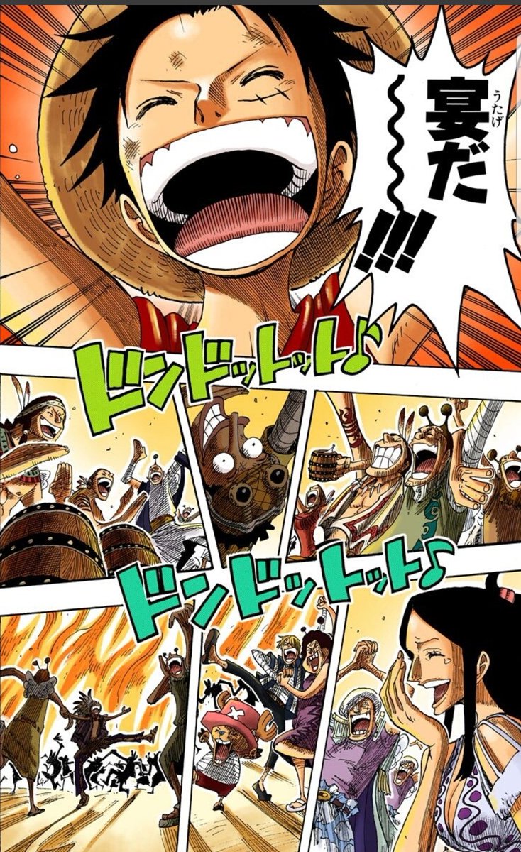 美貌色の覇気使いハル麦 今日のone Piece 戦いの終わったあとの宴のシーン大好き シャンディアもスカイピアの住人も分け隔てなく 楽しんでる様子と笑顔がほんといいですね 載せられなかったけど ゾロとブラハムが乾杯してる姿ほんといい