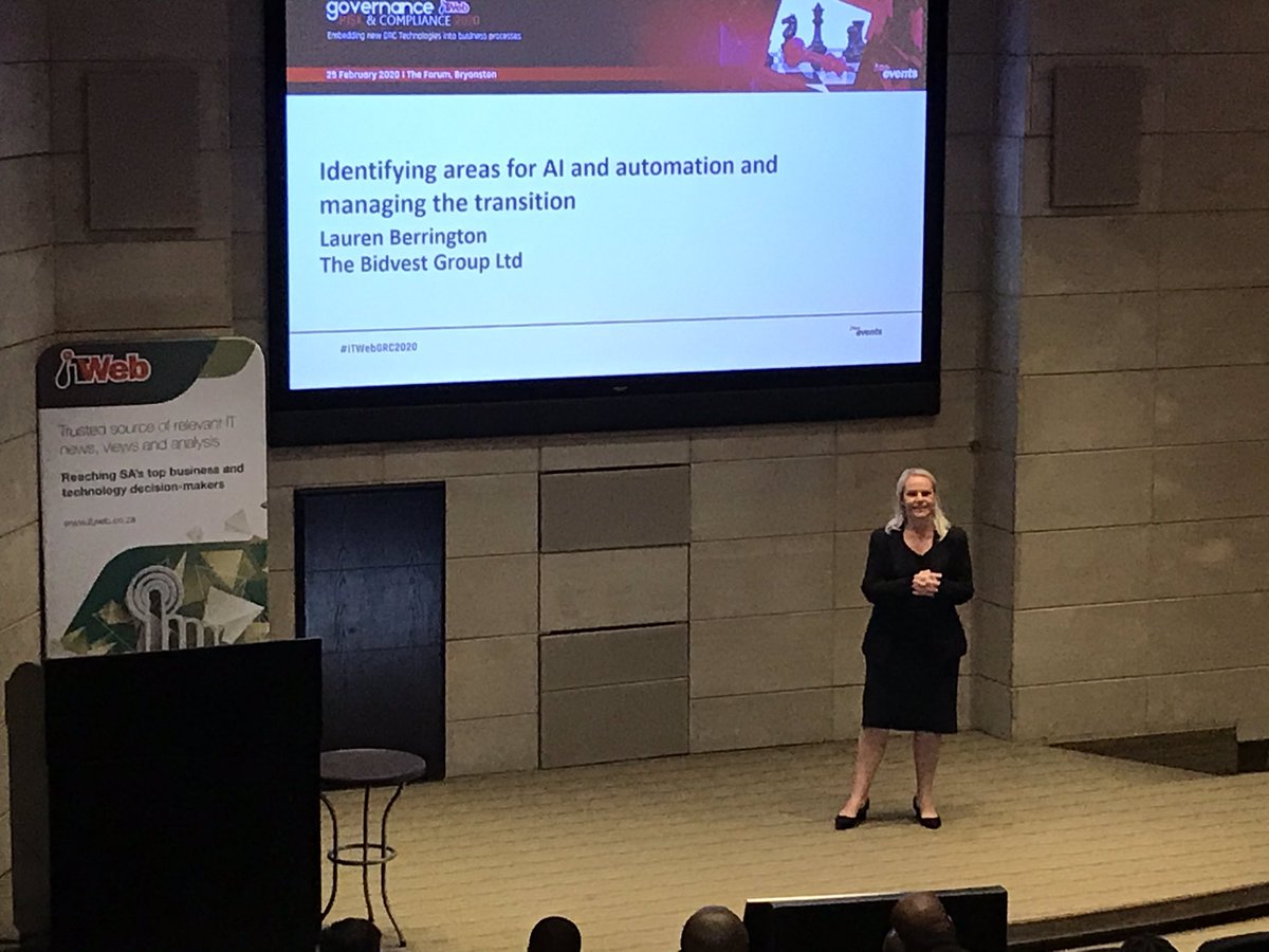 ITWeb_Events's tweet image. @Proudly_Bidvest Chief Audit Executive, Lauren Berrington identifies areas for AI and automation and explores how to manage the transition at the ongoing #ITWebGRC2020