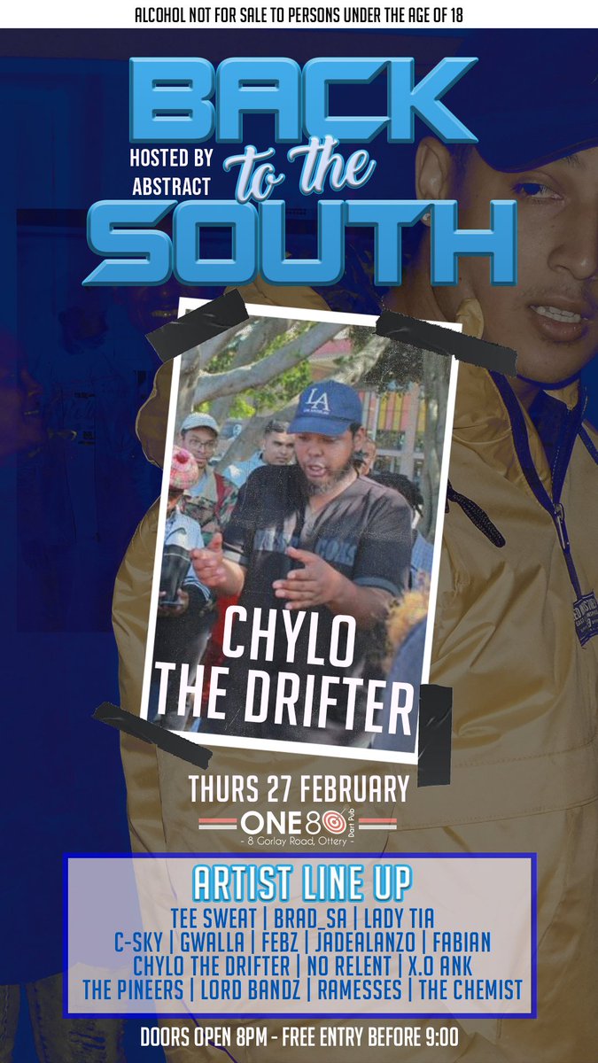 BACK2THESOUTH's tweet photo. With our first installment of the year just around the corner, Back to the South offers you underground and unknown talent from all over Cape Town
This Thursday! FREE BEFORE 9PM
Event takes place @ 180 Dart Pub - 8 Gorlay Road
Chylo the drifter will be putting the crowd into gear https://t.co/ckuhf8GpWR