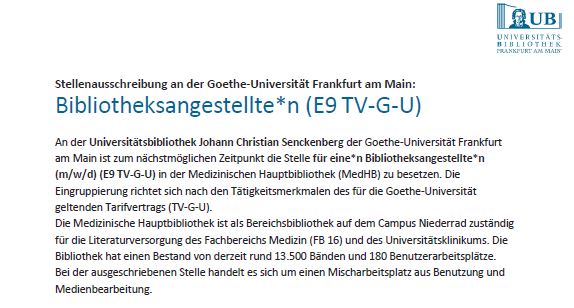 ub_ffm's tweet photo. Wir suchen Verstärkung für unser Team in der #MedHB
E9 - unbefristet - Bewerbung ist möglich bis 11.03.
https://t.co/hAMv1hlync #ubffm #wasmitBüchern #Stellenangebot #jobbörse https://t.co/axZf5etEoo