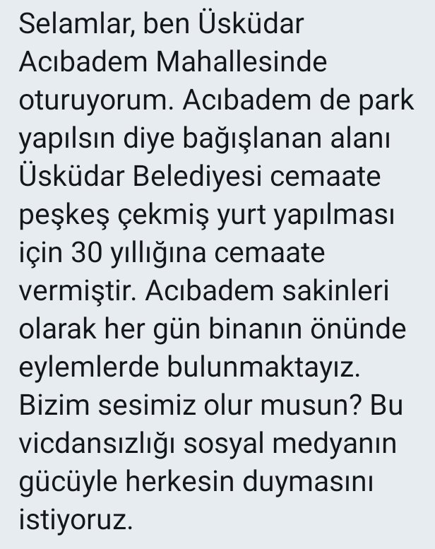 Profesorfacia's tweet photo. akp'li Üsküdar belediyesinin,
park yapılması için bağışlanan alanı,
30 yıllığına bir cemaate peşkeş çekmesine tepki gösteren,
Acıbadem mahallesi sakinlerinden mesaj var...
https://t.co/KoVvKwxLRn https://t.co/6vEsk3rqEO