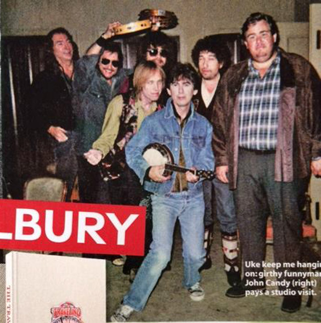 January 1991. #TravelingWiburys #JimHorn #JimKeltner #TomPetty #JeffLynne #BobDylan #GeorgeHarrison #JohnCandy #WilburyTwist