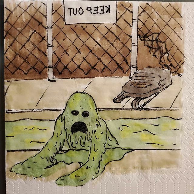 CountJugula's tweet photo. It's Tuesday,  don't fall in the toxic waste pit on your way to school! #school #lunch #napkinart #tuesday #advice #toxic #keepout https://t.co/PUulXMuauX https://t.co/JWKVmuIpPj