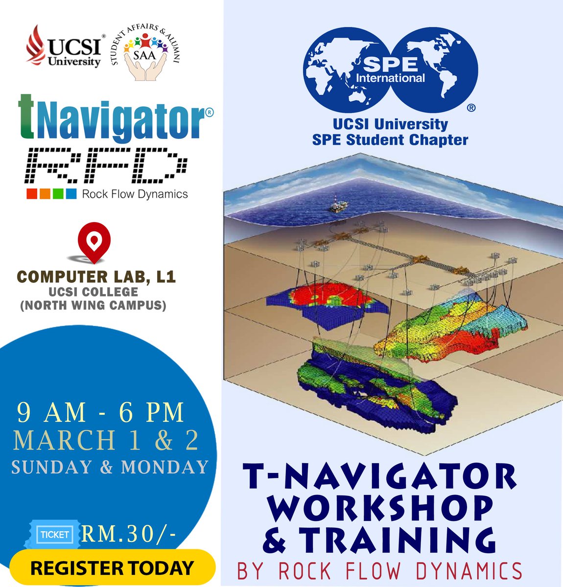SpeUcsiSc's tweet photo. Greetings! The Student Chapter will be organising a 2 days of SPE Workshop: An insight to the T Navigator Software followed by a simulation competition on the 3rd Day.
For registrations, please proceed to our booth in Block A, UCSI University.
#WeAreSPE #SPEUCSI #Simulation https://t.co/45H8kelOjy
