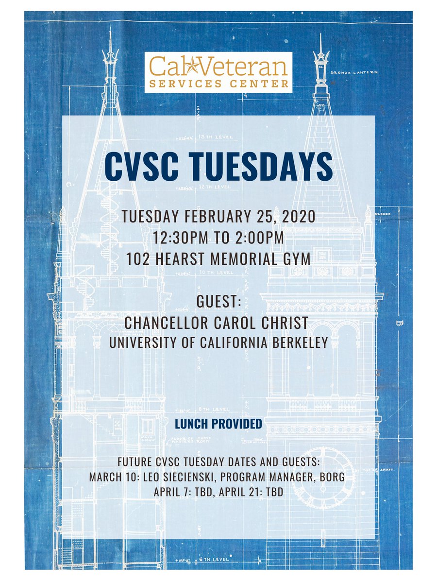 cvscucberkeley's tweet photo. A reminder to stop by for CVSC Tuesday tomorrow from 12:30pm to 2:00pm.  Our guest will be Chancellor Christ.  

Lunch will be provided (Los Moles).

#cvsc #ucberkeley #veterans https://t.co/VfDGPbF5NN