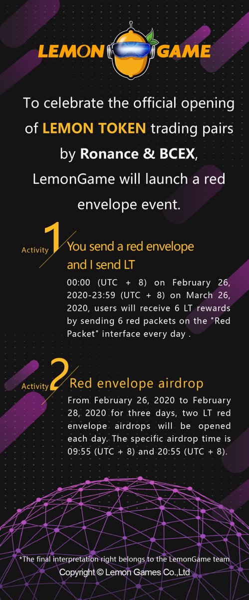Lemongame_world's tweet photo. 🙋♀️🙋🙋♂️Join the airdrops and celebrate the official opening of LEMON Token trading pairs by Ronance the & BCEX!
Join our telegram for more info:
https://t.co/kFzaZHXrcE
#LemonToken #Exchangelisting #Blockchain #Airdrop https://t.co/Ml0E7IhdWM