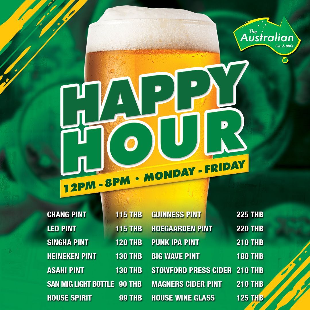 Grab a cold beer, some good tucker, and cheers to top mates and good times with The Aussie's Happy Hour! 
Mon-Fri from noon till 8pm.