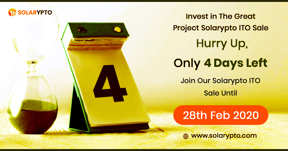 solarypto's tweet photo. Hurry up, #Investors!!! 

Last 4 days are remaining in the Pre #ITO Sale of #Solarypto, The most successful ITO of the year. 
#Invest now and get benefited with the 40% welcome bonus offer.

https://t.co/UJYDgqOCjj

#mining #investment #blockchain #icoprojects #icosale #tokens https://t.co/5CSPJx3zBt
