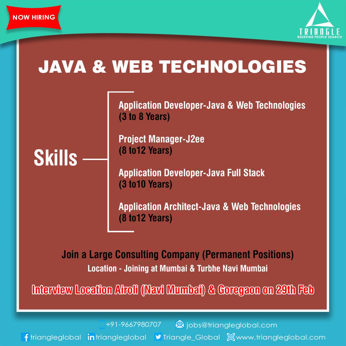 Triangle_Global's tweet photo. #JavaJobs @triangleglobal8 #ITjobsbyTriangle
#triangleglobal #growwithtriangle #jobs #Java #Mumbai #MNC #Hiring #J2ee #microservices #spring #hibernate
Join at Mumbai & Navi Mumbai on permanent basis with top IT Co. Interview at Airoli/ Goregaon on 29th Feb. https://t.co/jVL5ReKW6L