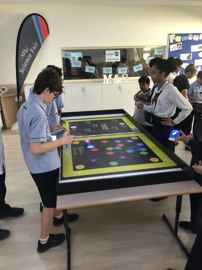 AIS_Sciences's tweet photo. Academy students working with one of our local schools to code Sphero robots and complete a maze challenge - linked to the Expi 2020 concept of Mobility. #AISSTEM #AISMScAcademy #AISDigitech https://t.co/T0noSAB7tT