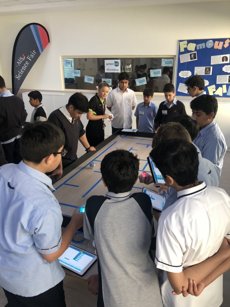 AIS_Sciences's tweet photo. Academy students working with one of our local schools to code Sphero robots and complete a maze challenge - linked to the Expi 2020 concept of Mobility. #AISSTEM #AISMScAcademy #AISDigitech https://t.co/T0noSAB7tT