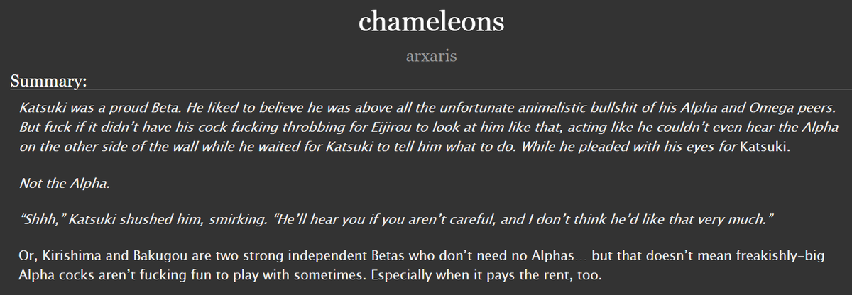 chameleons (6.6k)rating: Etags: abo dynamics, beta bakugou, beta kirishima, glory hole, sex work, degradation kink, breeding kink, pwp, stomach bulge https://archiveofourown.org/works/22723483 