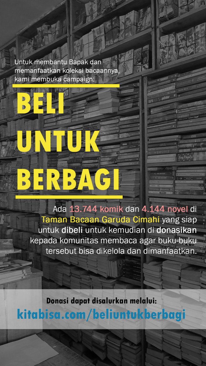 Taman Baca Garuda Cimahi terpaksa ditutup, koleksi buku-bukunya bisa dibeli untuk didonasikan ke taman-taman baca lainnya. Ica kali pada ikutan donasi.