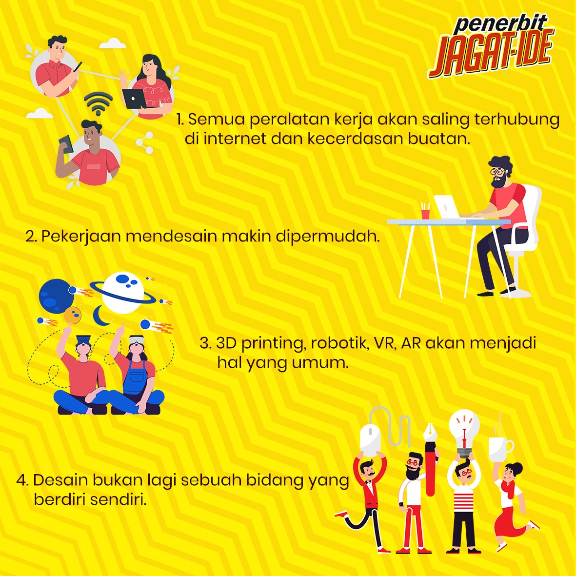 jagatide's tweet photo. Revolusi Industri 4.0 pasti kamu sudah sering dengar tentsng yang satu ini. Nah ternyata pengaruhnya juga dirasakan oleh pekerja desain lho. Apa saja sih?

#Industria40 #penerbit #desain https://t.co/nUEXilRBgj