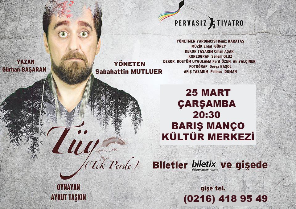 Hayatla dalga geçen bir kara komedi...
Pazartesi sendromuna iyi gelen bu oyunda, "İnsan" şarkı söyleyerek dans ederek bazen de isyan ederek sistemin diktiği 'TÜY'ü izleyiciyle birlikte çıkarmaya çalışacak. Haydi gelin 'TÜY'ü birlikte çıkaralım...