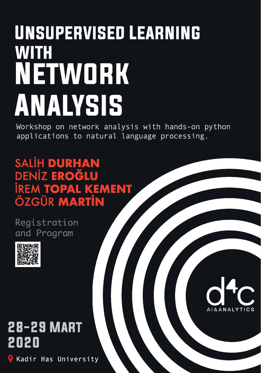 Kadir Has NODDS labaratuarı ile organize ettiğimiz "Ağ Analizi ve Denetimsiz Öğrenme" çalıştayı. Kavramsal eğitimler, Python uygulamaları ve kendi geliştirdiğimiz bazı araçları açık kaynak olarak sunacağız, hem öğrencileri hem profesyonelleri bekleriz:  
d4c.ai/2020/02/18/uns…