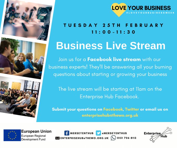 TODAY! Our business experts will be streaming live to answer your burning questions about starting or growing your business! 🎦

Tune in from 11am on @MerseyEntHub's Facebook page.  
#LoveYourBusinessWeek 💛

Comment and tell us below if you have a question 👇