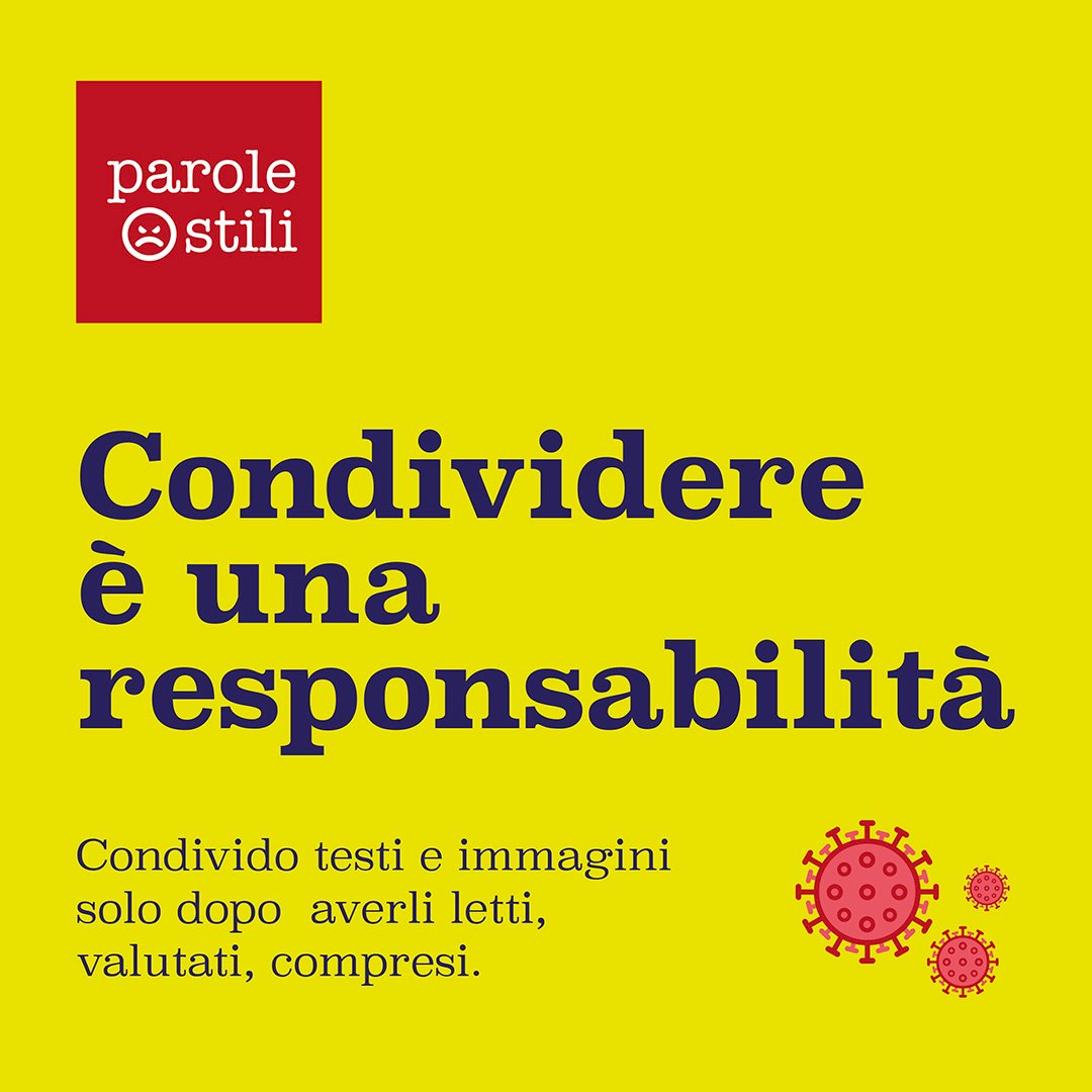 Condividere è una responsabilità.
In queste ore di agitazione per il #coronavirus usiamo la Rete con responsabilità e facciamo attenzione alle notizie che postiamo.
Come sempre #paroleostili
#coranavirusitalia
