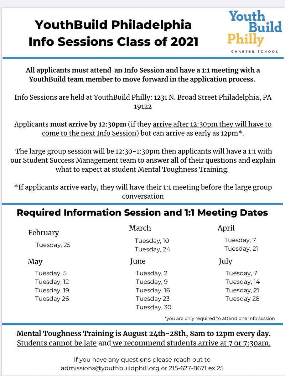 ReEngagement440's tweet photo. Don’t forget to submit your applications for #YouthBuildPhilly Class of 2021. Swipe right to see the MANDATORY information sessions. The first one starts TODAY at 12:30 PM! #ybready #youthbuild #youthbuildphl @youthbuildphl https://t.co/f0ugLqdJsm