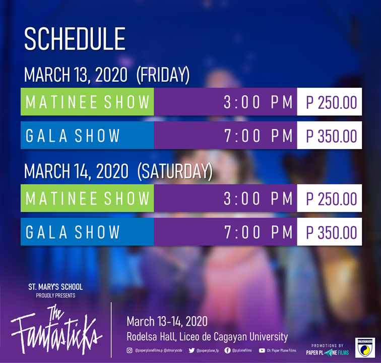paperplane_fp's tweet photo. Here's the official schedule and venue of #TheFantasticks!
Follow our social media accounts for more updates! π
#paperplanefilms
#stmarysschool
#smscdo
#cagayandeoro https://t.co/qBPZlu6a5t